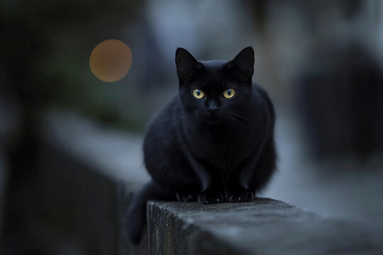 silhouette of a black cat on a wall at night 