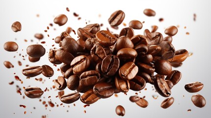 Obraz premium A pile of roasted coffee beans levitates against a white background with beans flying around the pile.