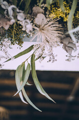 Close-up of eucalyptus leaves and dried flowers door frame decor