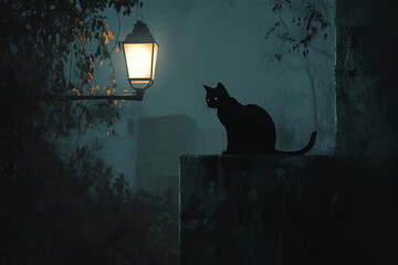 silhouette of a black cat on a wall at night 