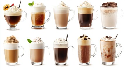 Set containing different types of coffee cups, cappuccino, black coffee, Choco latte, hot chocolate. Beautiful view of various collection of coffee drinks isolated on white background
