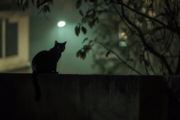 silhouette of a black cat on a wall at night 
