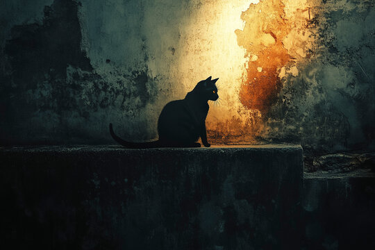 silhouette of a black cat on a wall at night 