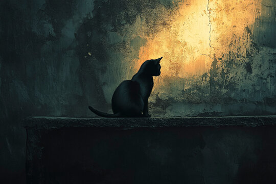 silhouette of a black cat on a wall at night  - Powered by Adobe