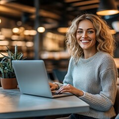 Smiling Young Woman Working Remotely on Laptop in Cozy Cafe, Enjoying Digital Nomad Lifestyle
