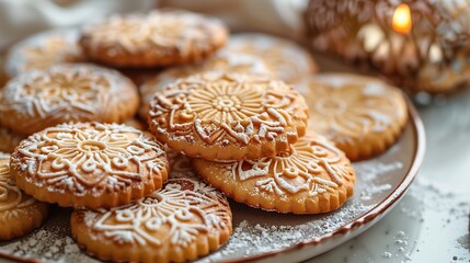 A plate of freshly baked cookies decorated with intricate patterns of powdered sugar.