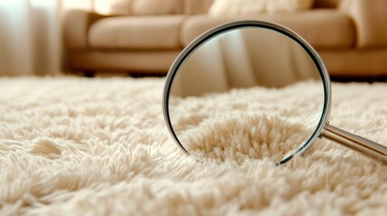 Magnifying glass focusing on the texture of a plush beige carpet in a cozy living room, AI