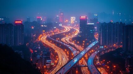 Obraz premium A panoramic view of a cityscape at night, with a highway winding through the center of the image. The highway is illuminated by streetlights, creating a stream of light through the city.