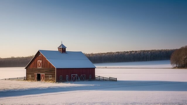 A red barn stands in a frost-covered field at sunrise, with soft mist lingering in the background. The calm winter landscape and the colorful sky create a peaceful rural scene