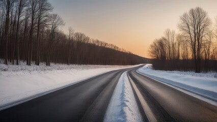 Fototapeta premium A snow-covered country road winds through a winter forest, with frost-covered trees on both sides. The serene rural landscape captures the quiet beauty of winter in the countryside