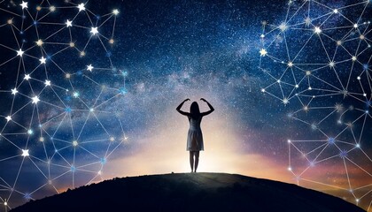 Fototapeta premium Horoscope and fate concept with woman silhouette on the earth looking at starry dark sky with