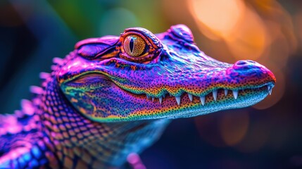 Illuminated Alligator - A Vibrant Neon Holographic American Alligators Stock Photograph in Modern Cosmic Style