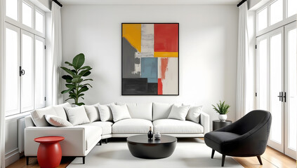 interior design of modern living room. White sofa and black stylish armchair in apartment
