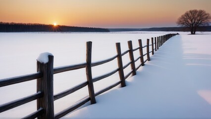 Obraz premium A wooden fence divides the snow-blanketed countryside, extending towards the distant hills under a stunning winter sunset. This peaceful rural winter landscape captures the essence of untouched nature