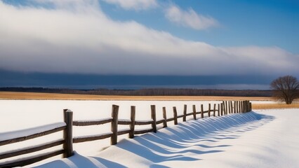 Obraz premium A wooden fence divides the snow-blanketed countryside, extending towards the distant hills under a stunning winter sunset. This peaceful rural winter landscape captures the essence of untouched nature