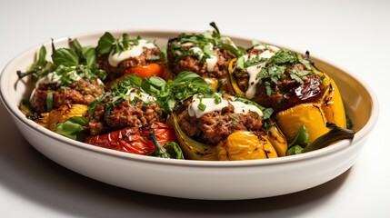 Fototapeta premium A white oval dish filled with six colorful bell peppers stuffed with ground meat and topped with a white sauce, fresh basil, and a few sun-dried tomatoes.