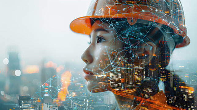 Double exposure of the female engineer and construction site