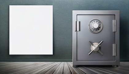 Metal safe with a combination lock and blank poster on the wall. Generative AI