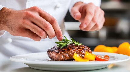 Chef garnishing a steak with fresh herbs and colorful vegetables, AI