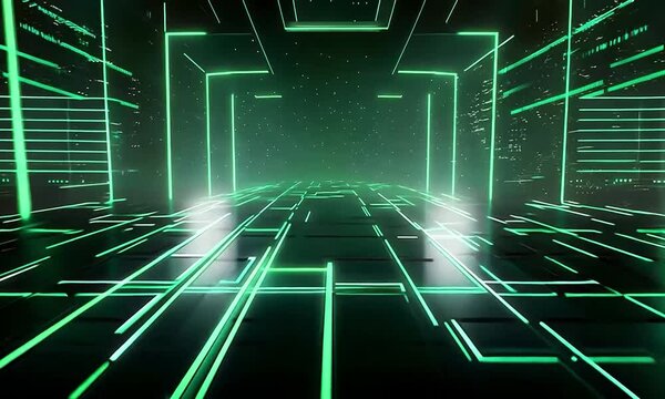 Futuristic Neon Grid Room with Green Glow