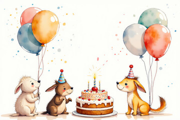 Three cute cartoon puppies celebrating birthday with balloons and cake