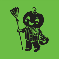 Jack-O-Lantern Pumpkin Head with broom. illustration for Halloween black on green background