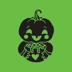 Baby Jack-O-Lantern Pumpkin Head with candy illustration for Halloween black on green background
