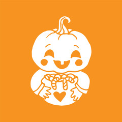 Baby Jack-O-Lantern Pumpkin Head with candy illustration for Halloween white on yellow background