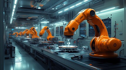 A row of industrial robots working on an assembly line in a futuristic factory setting.