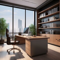 Modern office interior with desk, cabinets, and window view. 3D Rendering