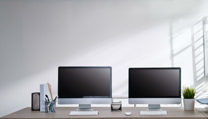 Modern office with computers on desk and empty white wall.