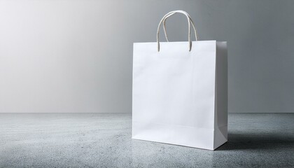 Perspective view on blank white paper shopping bag with place for your brand name or text on light concrete floor and light wall background, close up. 3D rendering, mockup