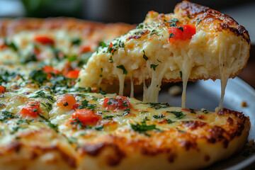 Deliciously cheesy cauliflower pizza slice topped with vibrant vegetables