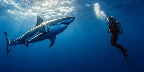 A diver encounters a majestic shark underwater. The scene captures awe and respect for ocean life. This image reflects adventure, exploration, and marine conservation. AI
