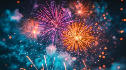 Fototapeta premium Colorful fireworks illuminate the night sky during a festive celebration event. New Year Eve concept