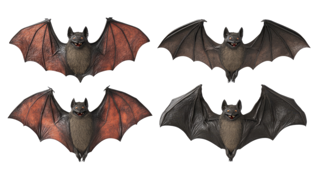 Collection of Flying Bats in Various Poses Isolated on White Generative AI