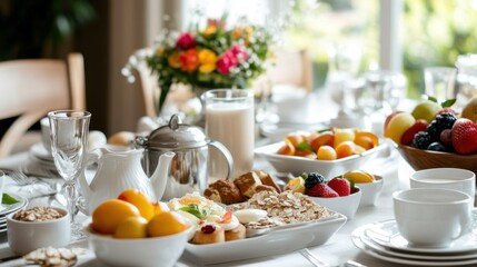 Fototapeta premium breakfast; table; fruits; pastries; cereal; coffee; rustic; meal; food; morning; fresh; bread; muffins; tomatoes; oats; healthy; drinks; juice; family breakfast; hearty; brunch; dishes; dining; spread