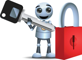 3D illustration of a little robot worker showing key and safety lock on isolated white background