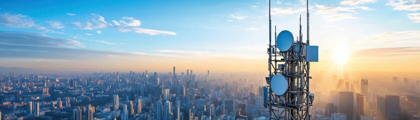 A hightech telecommunications tower rising above a modern cityscape, ensuring highspeed internet and communication services for residents