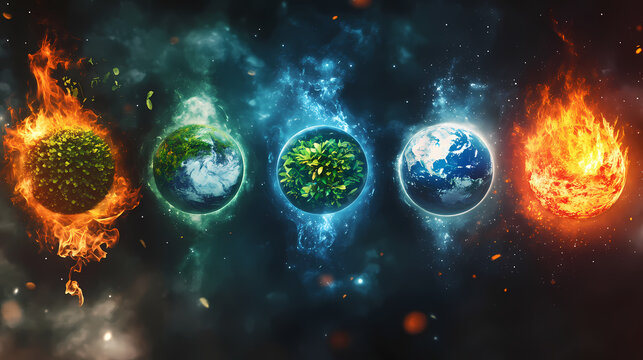 Five elements of nature represented in harmonious balance: earth, water, fire, air, and space. Earth Elemental. Illustration