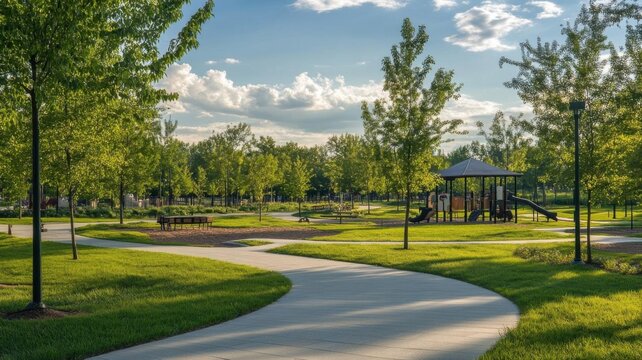 A picturesque urban park with large open spaces, playgrounds, and walking paths designed to enhance parks and recreation areas in the city