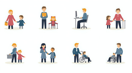 A set of solid vector icons representing various people icons for work groups, including teachers, families, children, and individuals with disabilities.