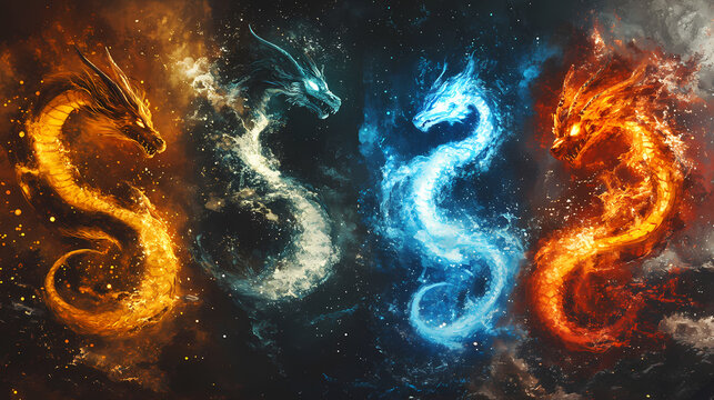 Four elemental dragons - fire, water, earth and air. Earth Elemental. Illustration