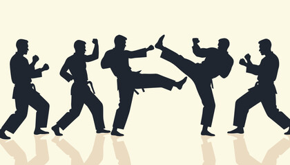 Obraz premium Silhouettes of multiple martial artists practicing kicks and punches in a synchronized manner against a light background.