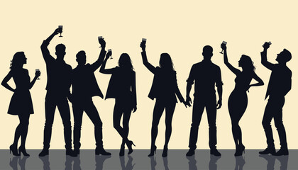Fototapeta premium Silhouettes of diverse people celebrating with raised glasses, capturing a festive and joyful atmosphere.