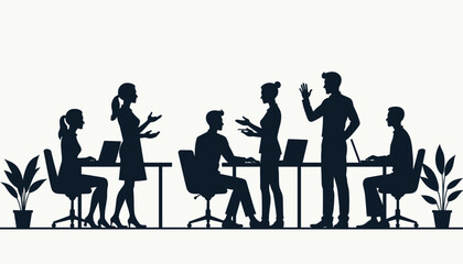 Silhouette of diverse business professionals engaging in a collaborative office discussion, illustrating teamwork and communication.