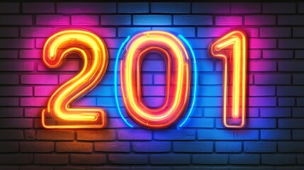 Neon 2010 Sign on a Glowing Purple, Orange, and Blue Brick Wall, New Years Eve Party Background