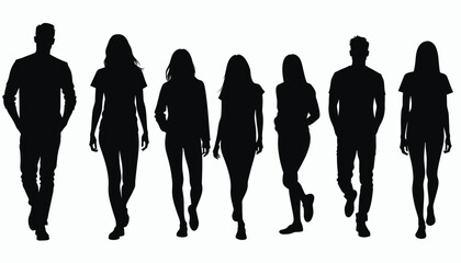 Silhouettes of five women and two men walking confidently in a row against a white background, projecting a sense of unity and purpose.