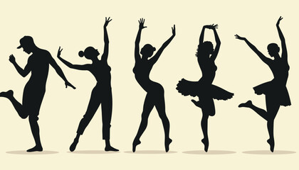 Silhouettes of diverse dancers striking elegant poses against a light background, showcasing various dance styles and expressions of art and movement.