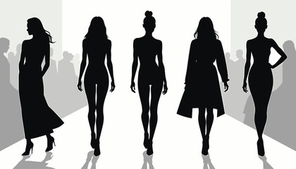 Silhouettes of five female models confidently strutting down the runway, showcasing elegance and style against a backlit fashion show setting.